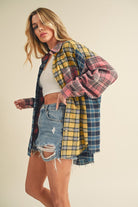 Aemi + Co Frayed Hem Color Block Plaid Drop Shoulder Long Sleeve