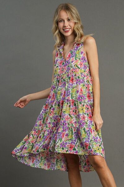 Umgee Violet Mix High-Low Hem Floral Sleeveless Tiered Dress VIOLETMIX