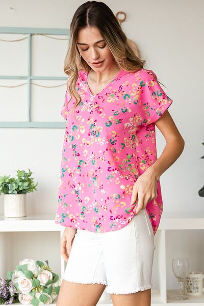 Heimish Pink Multi Color Animal print V-Neck Short Sleeve Blouse