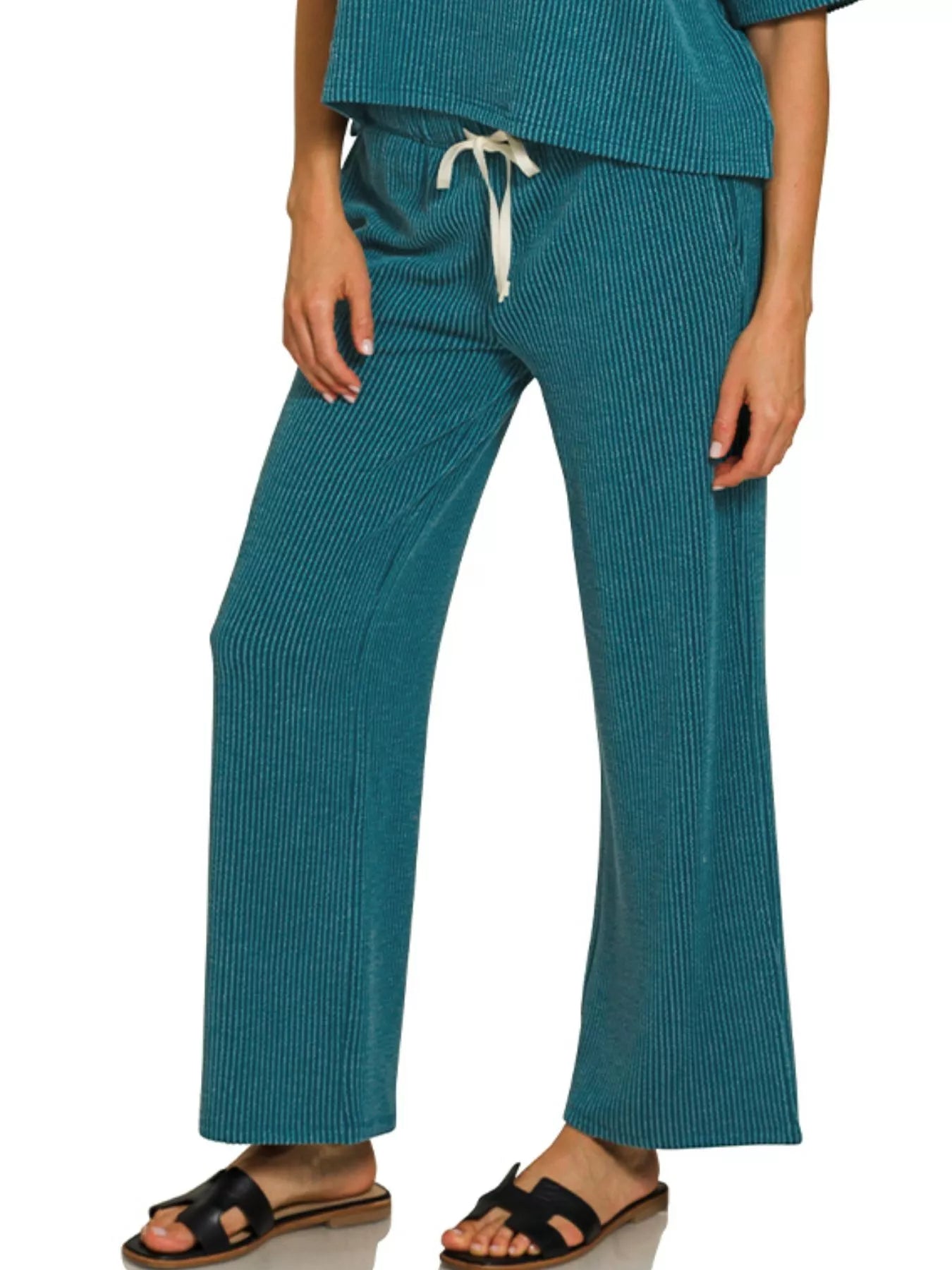 Zenana Teal Raised Rib Short Sleeve Tee & Pants Set