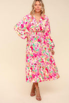 Haptics Frill V-Neck Shirred Waist Pink Floral Maxi Dress Dresses