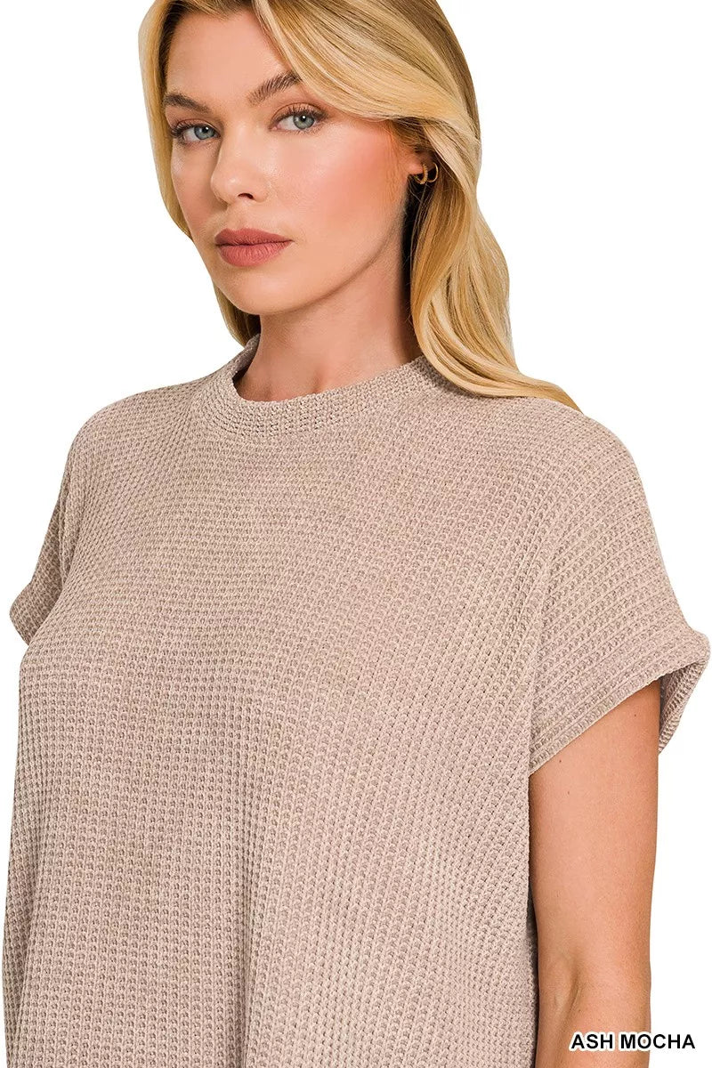Zenana Ash Mocha Chenille Waffle Cap Sleeve Sweater
