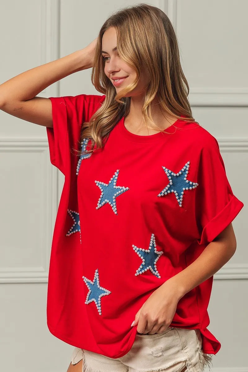 BiBi Red Beaded Stars Appliques Fourth Of July Terry T-Shirt