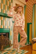 BiBi Oatmeal Floral Print Washed Waffle Thermal Top With Thumb