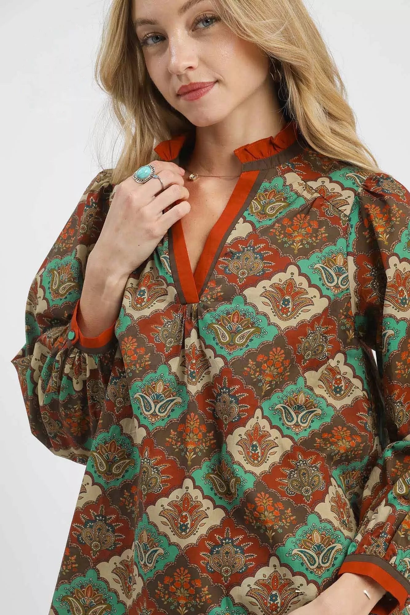 Umgee Teal Green Mix Abstract Print Ruffle Neck Blouse