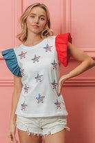 BiBi American Flag Sequin Stars Ruffled Sleeve Top