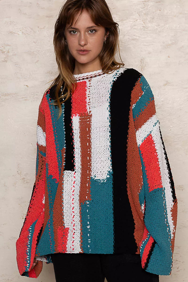 POL Multi Color Block Round Neck Oversized Sweater
