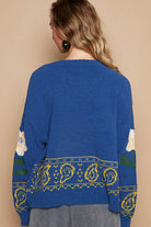 POL Blue Flower Lace Patch Long Sleeve Sweater Shirts & Tops