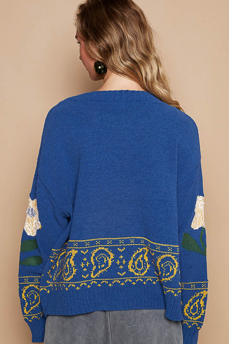 POL Blue Flower Lace Patch Long Sleeve Sweater Trendsi