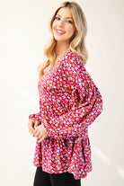 Celeste Magenta Floral V-Neck Balloon Sleeve Blouse