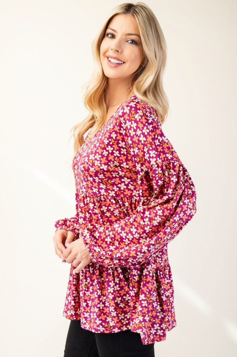 Celeste Magenta Floral V-Neck Balloon Sleeve Blouse