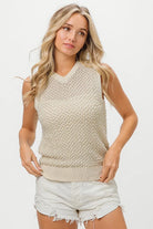 BiBi Oatmeal Knitted Beaded Pearl V Neck Sleveless Sweater Top
