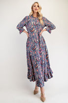 Celeste Navy Paisley Ruffle Hem Round Neck Dress Navy Paisley Dresses