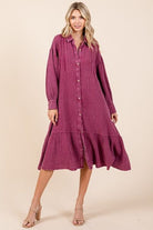 Mittoshop Deep Purple Mineral Wash Cotton Gauze Ruffle Midi Shirt Dress