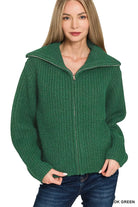 Zenana Dark Green High Neck Full Zip Sweater Cardigan DK GREEN