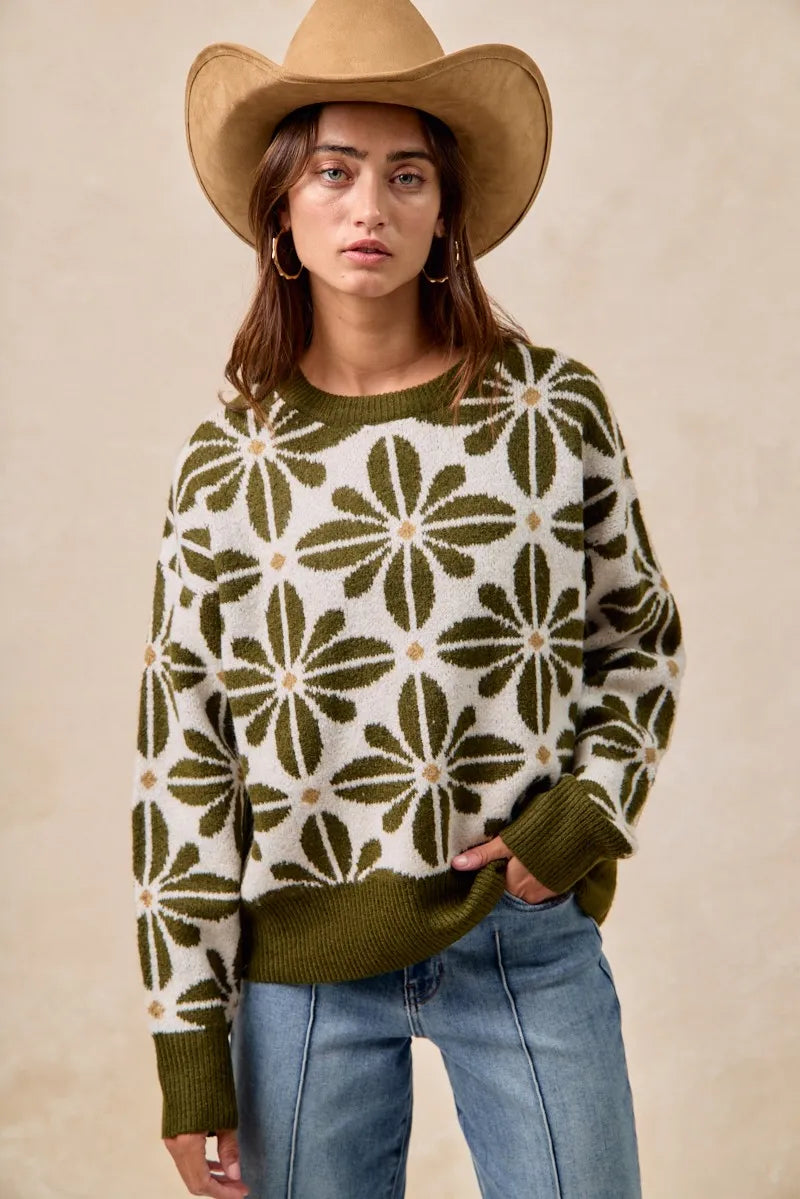 BiBi Olive & Ivory Flower Pattern Long Sleeve Sweater
