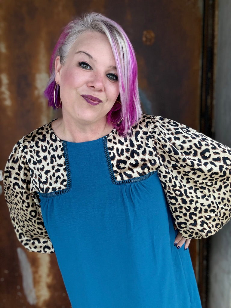 Jodifl The Greta Teal and Leopard Color Block Poet Sleeve Dress Ruby Idol Apparel