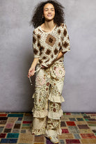 POL Cocoa Round Neck Short Sleeve Color Pattern Crochet Top with Border Accents