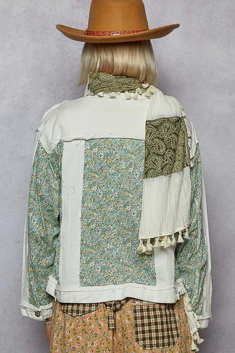 POL Off White Button Down Patchwork Denim Jacket with Floral Print Details