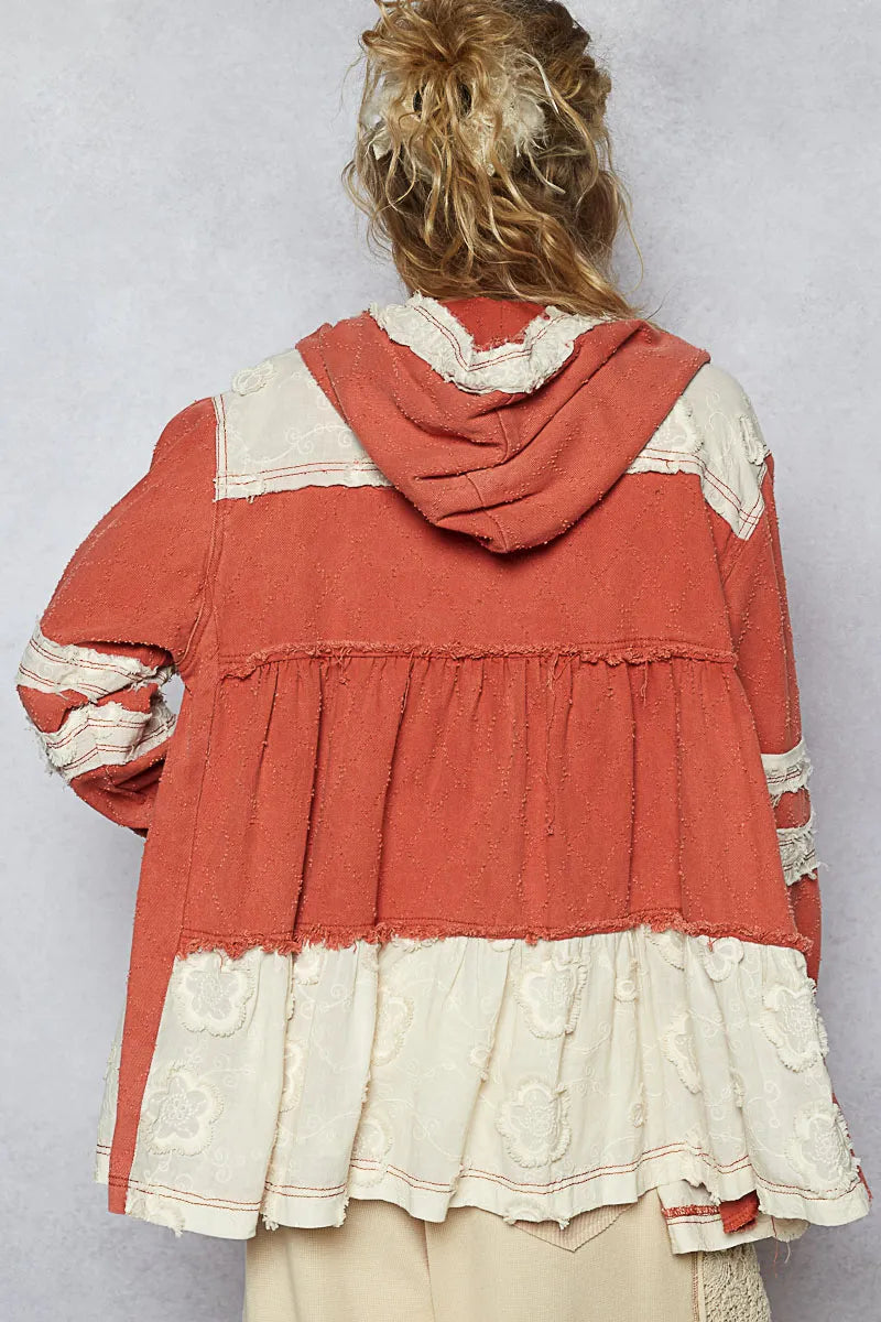 POL Orange Red Raw Hem Color Block Hooded Jacket