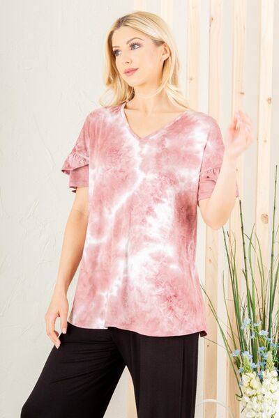 Heimish Mauve & Ivory Ruffled Sleeve Tie Dye Top