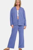 Zenana Blue Purple Quilted Button Up Long Sleeve Top and Pants Lounge Set Blue Purple Loungewear Set