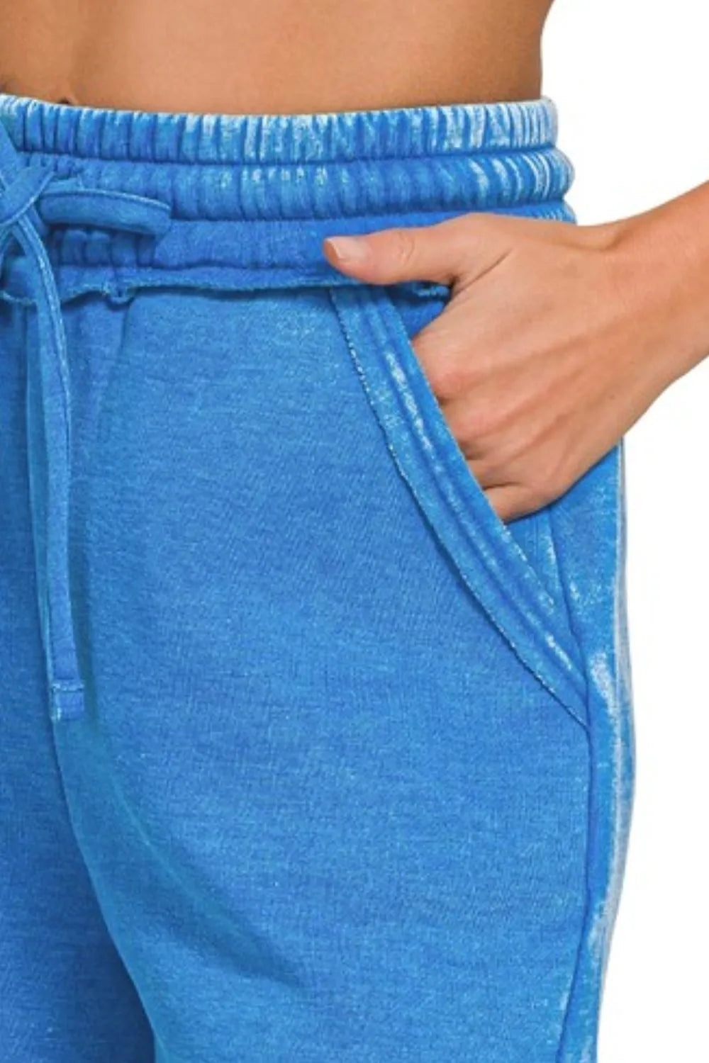 Zenana Ocean Blue Acid Wash Fleece Drawstring Shorts With Pockets