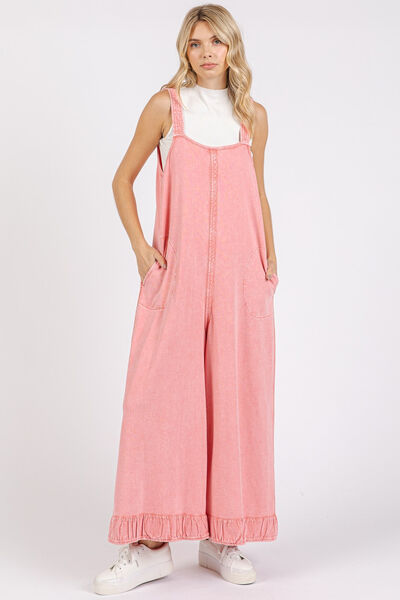 Mittoshop Watermelon Pink Ruffled Hem Wide Leg Overalls with Pockets Watermelon pink