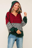 Haptics Color Block Plaid Woven Top with Hoodie