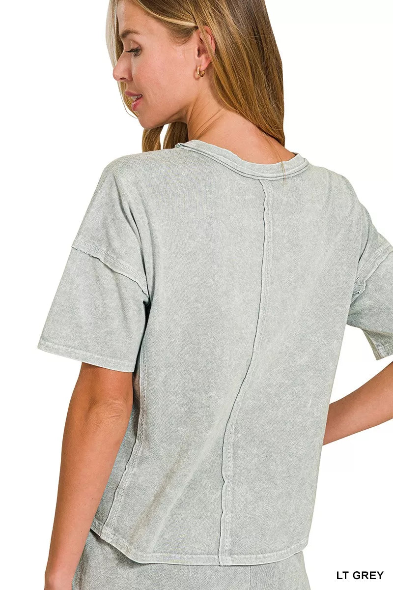 Zenana Light Gray Halo Snow Washed Short Sleeve Tee and Shorts Set