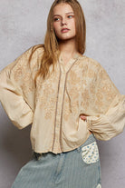 POL Almond Embroidery Button Down Long Sleeve Bohemian Washed Shirt ALMOND