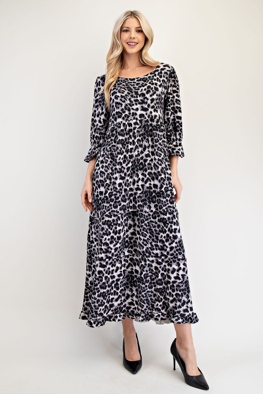 Celeste Gray Leopard Print Round Neck Flounce Sleeve Dress Dresses