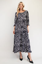 Celeste Gray Leopard Round Neck Flounce Sleeve Dress