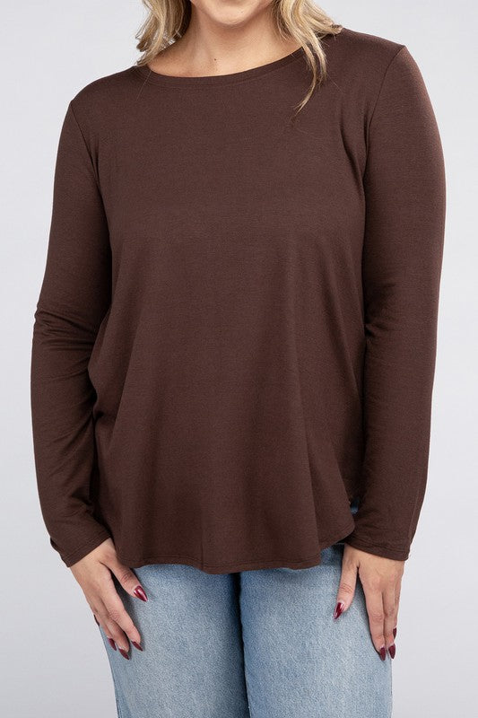 Zenana Plus Long Sleeve Round Neck Round Hem Top AMERICANO ZENANA