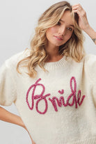 BiBi Ivory Bride Metallic Letter Short Puff Sleeve Hairy Sweater