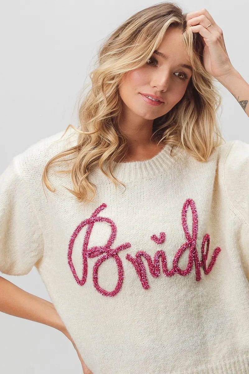 BiBi Ivory Bride Metallic Letter Short Puff Sleeve Hairy Sweater