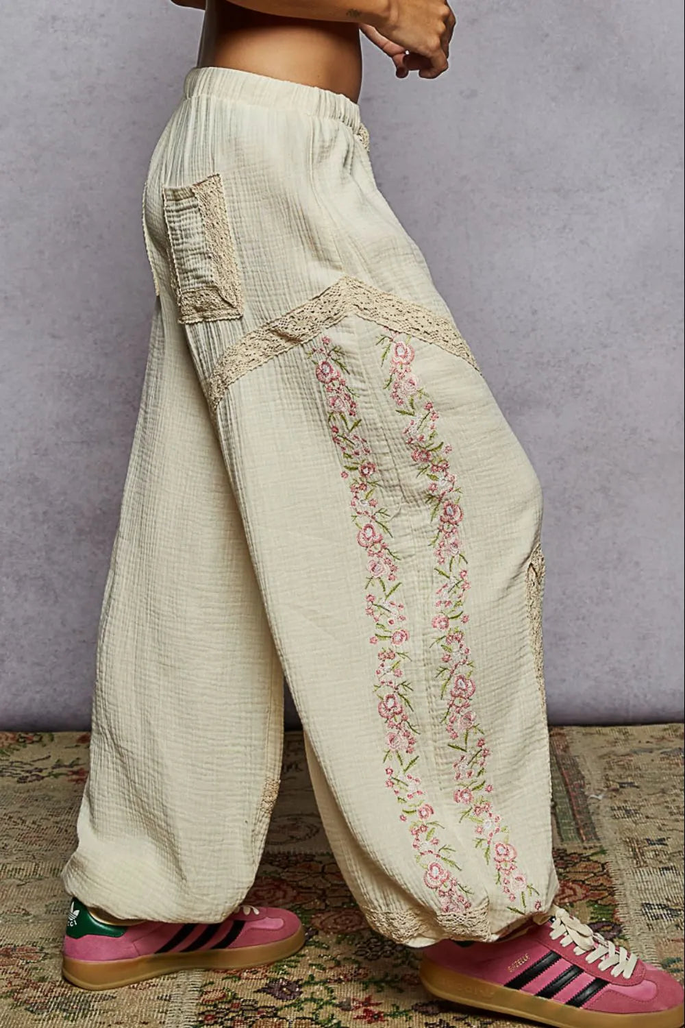 POL Floral Embroidered Drawstring Double Gauze Joggers with Lace Trim Pants