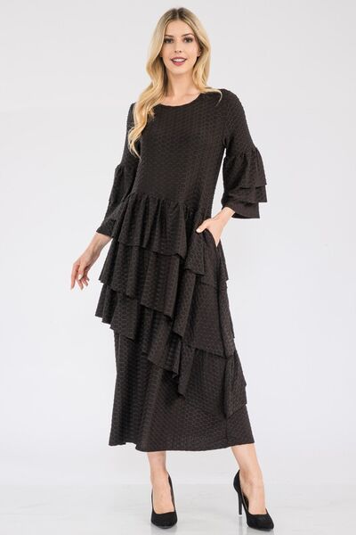 Celeste Black Honey Comb Asymmetrical Ruffle Midi Dress Black