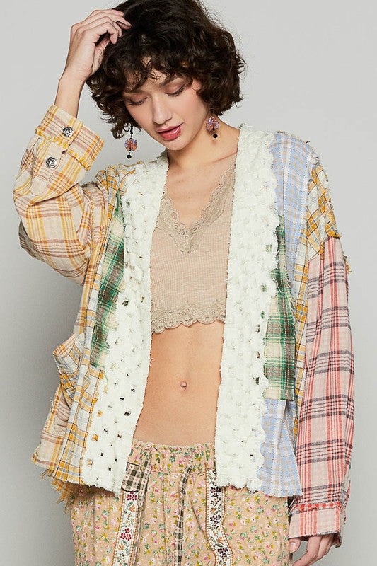 POL Raw Edge Yellow Contrast Plaid Open Front Woven Cardigan Top