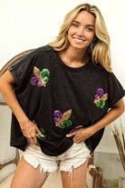 BiBi Black Charcoal Fleur De Lis Sequin Patches Mardi Gras Sleeve Top
