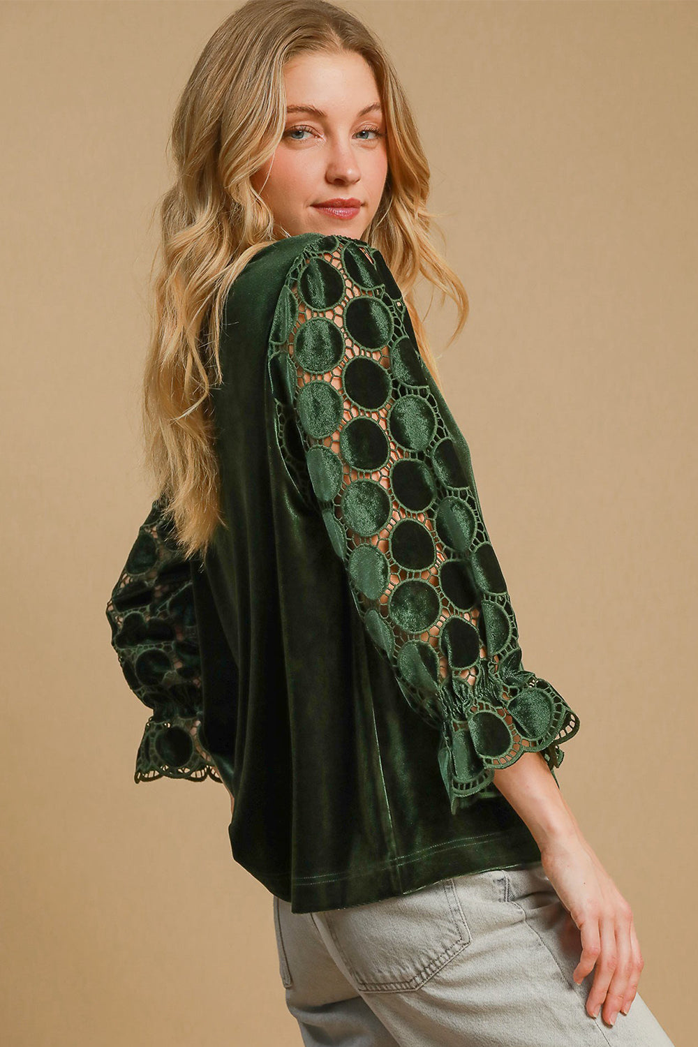 Umgee Olive Velvet Polka Dot Lace Long Sleeve Round Neck Blouse Shirts & Tops