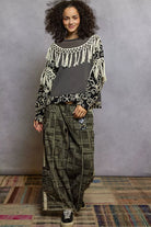 POL Moss Charcoal Contrast Floral Embroidery Balloon Sleeve Top with Tassel Trim