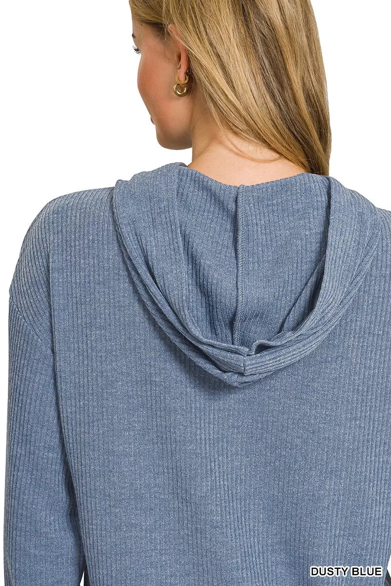 Zenana Dusty Blue Ribbed Long Sleeve Hoodie