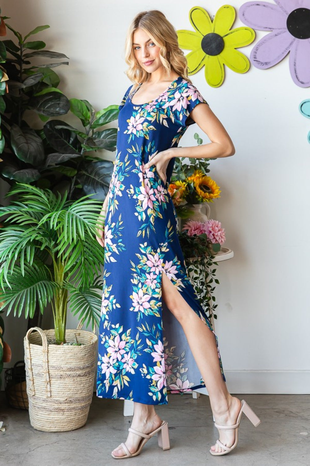 Heimish Floral Short Sleeve Slit Maxi Dress Trendsi
