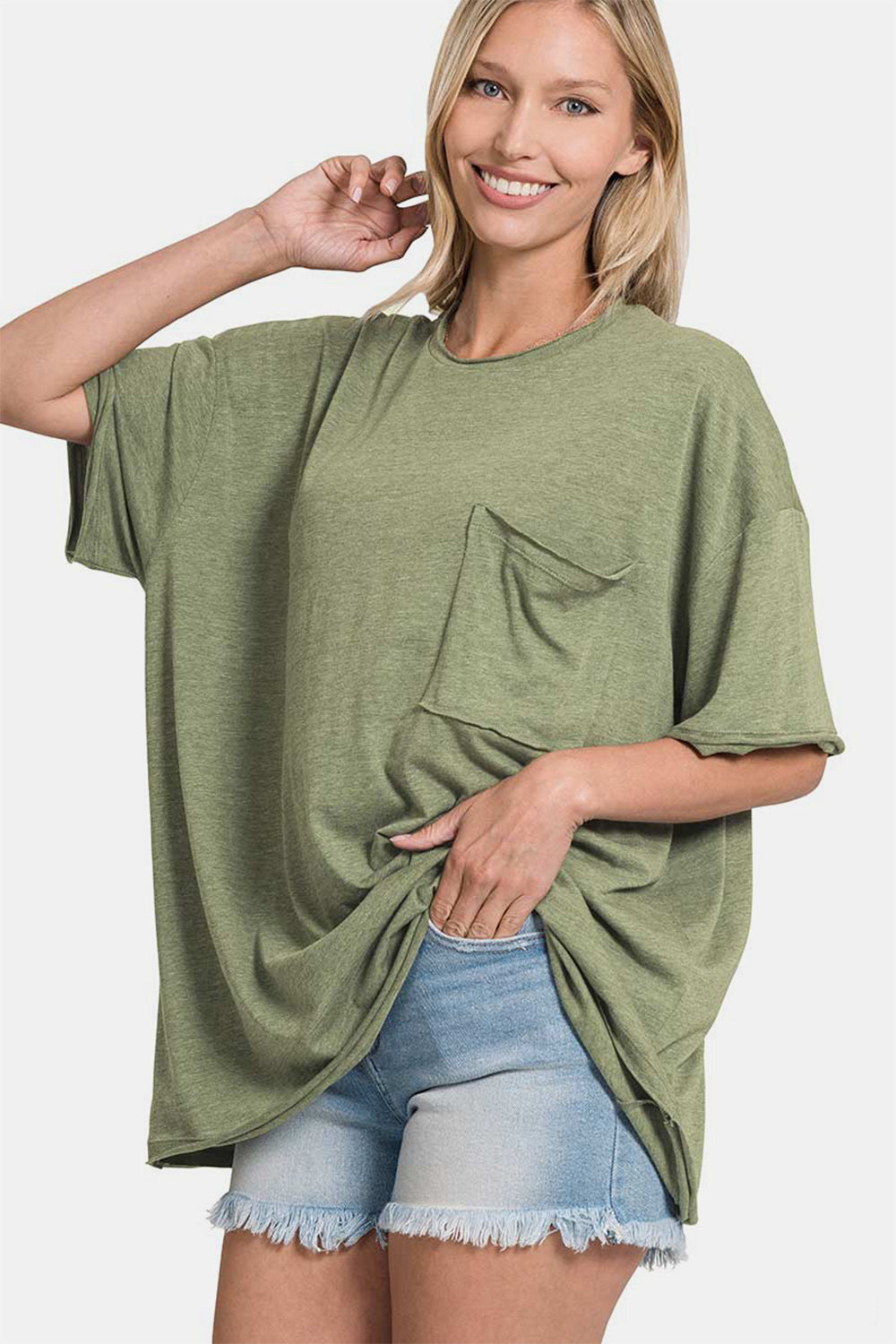 Zenana Olive Drop Shoulder Oversized Front Pocket T-Shirt Olive Trendsi