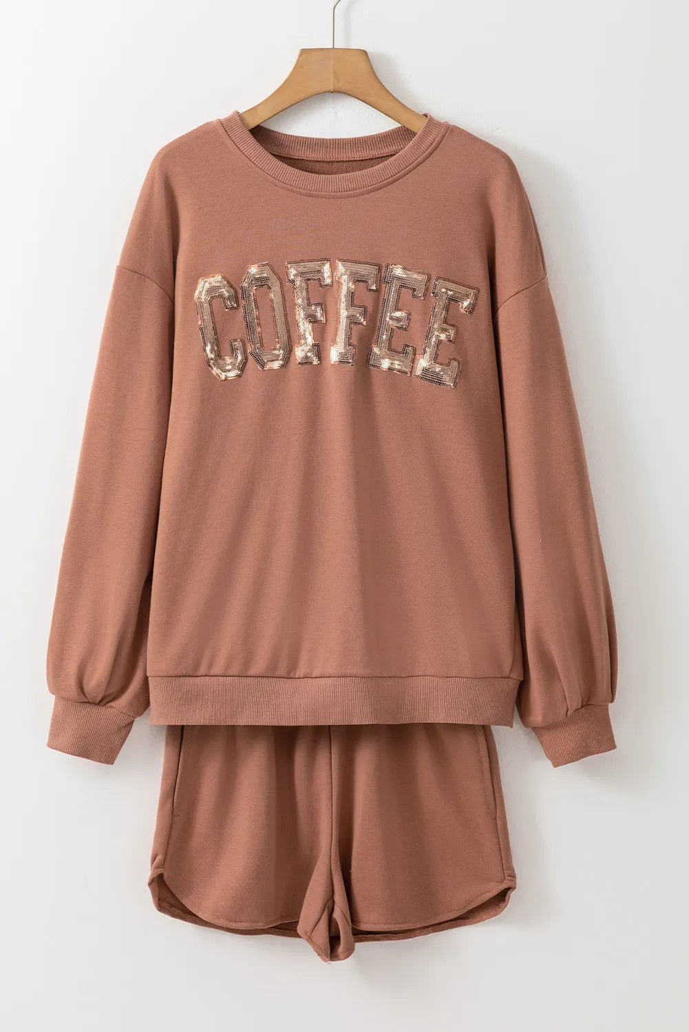 Preorder: COFFEE Sequin Round Neck Long Sleeve Top and Shorts Set Trendsi