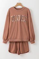 Preorder: COFFEE Sequin Round Neck Long Sleeve Top and Shorts Set Trendsi