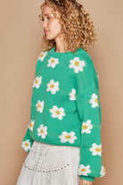 POL Shamrock Daisy Pattern Drop Shoulder Balloon Sleeve Sweater Trendsi