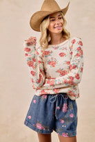 BiBi Oatmeal Floral Print Washed Waffle Thermal Top With Thumb
