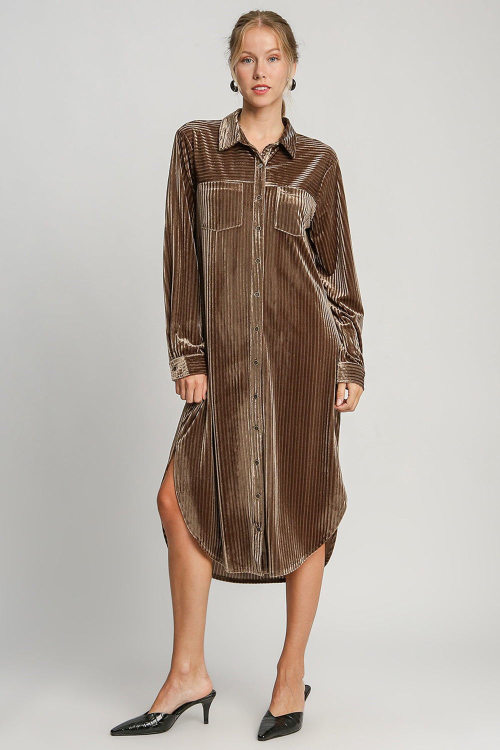 Umgee Textured Curved Hem Button Down Shirt Dress in Brown Dresses